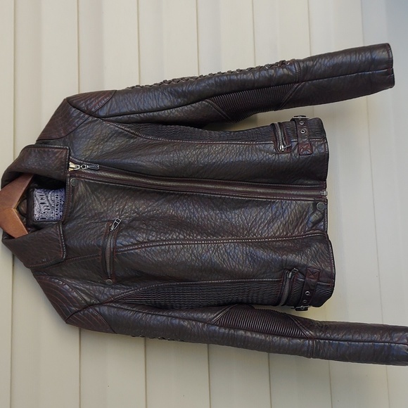 Affliction Womens Faux Leather Motto Biker Jacket Brown Zip-Up